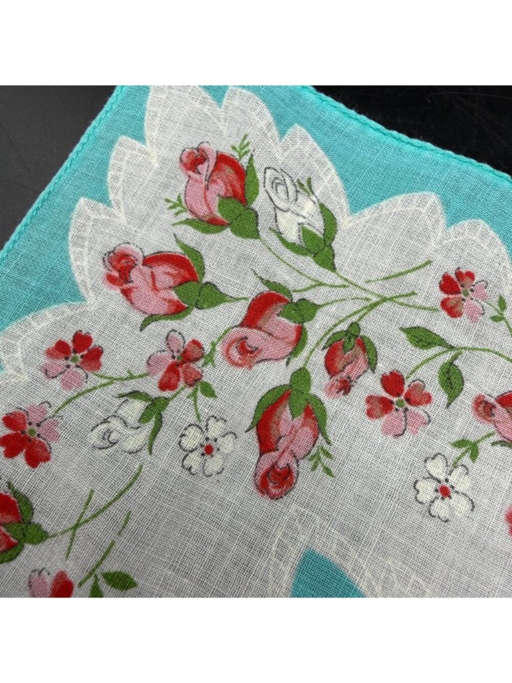 Vintage Floral Handkerchief Teal Red Pink Rose Flowers Cotton Hankie Mid Century - Picture 5 of 7